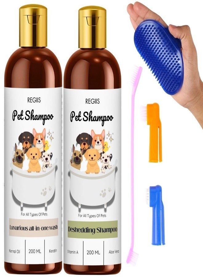 مجموعة شامبو الحيوانات الأليفة من ريجيس، تركيبة فاخرة شاملة للغسيل وإزالة الشعر الزائد مع الكيراتين والصبار، 200 مل، عبوتان، تتضمن فرشاة تصفيف (عبوة من 4 قطع) - Image 1